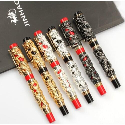 Luxury quality brand JinHao Dragon Relief Rollerball Pen carve silver Gun gray auspicious elegante signature golden ink pens new