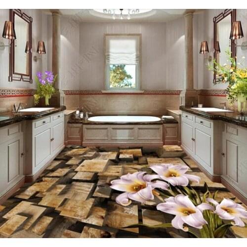 Custom Self-adhesive Floor Mural Wallpaper 3D Three-dimensional wooden pile flower Bathroom Wear Non-slip Waterproof WallPapers