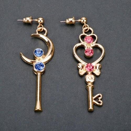 MQCHUN Japanese Anime Gold Color Key Shape Earrings Women Girls Pink Crystal Rhinestone Sailor Moon Wand Clip Earrings -15