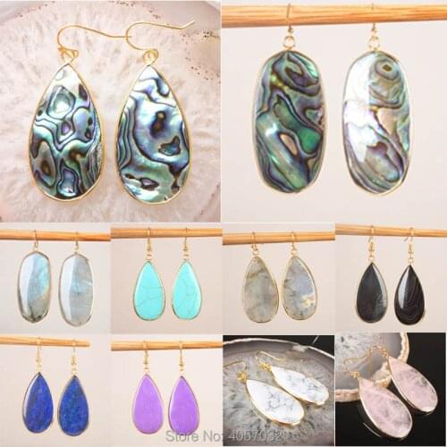 Exquisite Lapis lazuli Abalone Shell Rose Pink Quartz Onyx Labradorite Double-sided Hook Dangle Earrings 1Pair