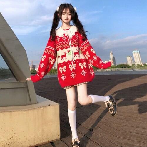 Japanese Sweater Womens 2020 Autumn Sweet Christmas Red Cartoon Jacquard Long Sleeve Pullover Sweater Top school girl uniform