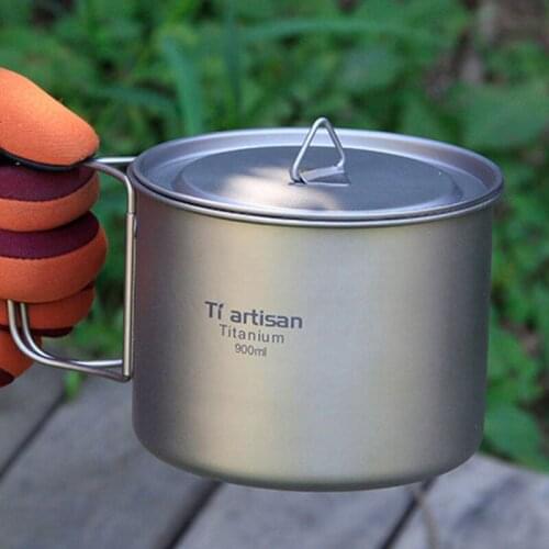 Triartisan Outdoor Camping Titanium Cup 900ml Ultralight Titanium Pot with cover and Folded handle Ta8316