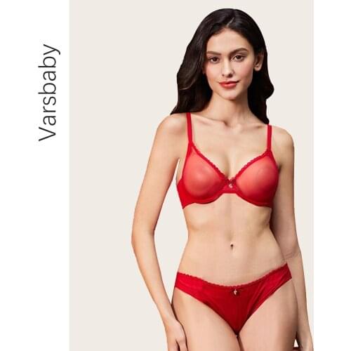 Varsbaby sexy transparent big red yarn underwear rhinestone bow unlined underwire bra set