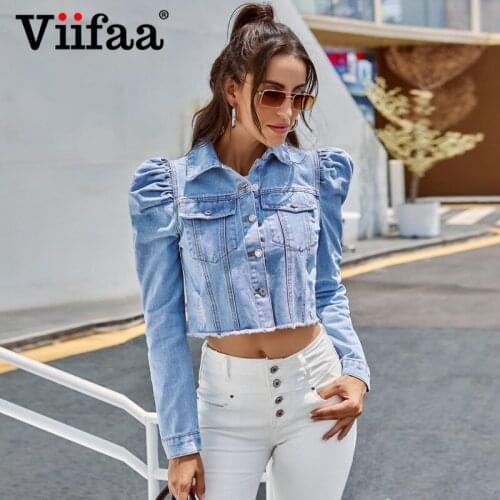 Viifaa Turn-down Collar Puff Sleeve Vintage Jeans Jacket Women Frayed Hem Blue Denim Cropped Jacket and Coat Spring