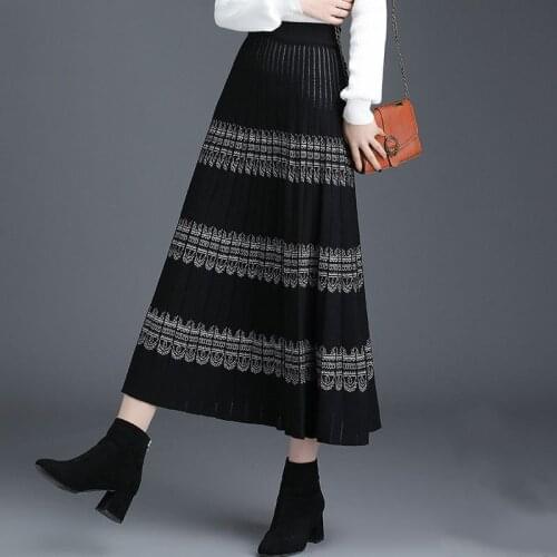 Womens Fashion Striped Thick Warm Knitted Sweater Skirt Female Autumn Winter Elastic High Waist A-line Big Swing Skirts L690