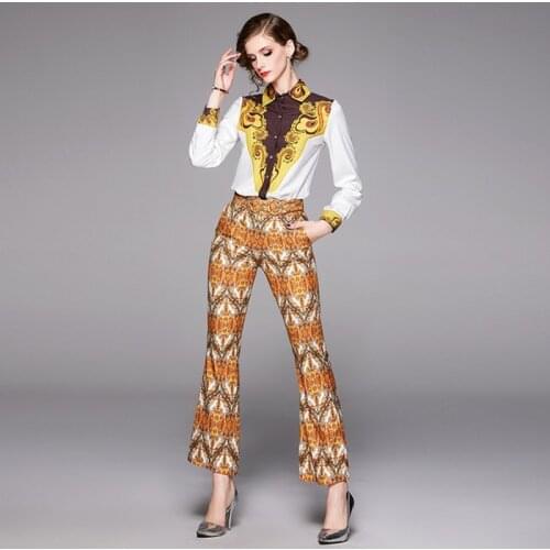 2020 Spring Fashion Pant Set Suits Womens Turn-Down Collar Bow Tie Shirt Top+Vintage Floral Printed Trousers Suit 2 Pieces Set