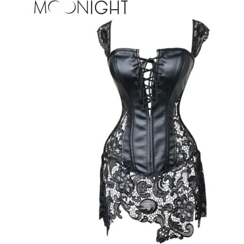MOONIGHT Burlesque Steampunk Black Faux Leather&Lace Women Corset Top Bustiers Costume Dress Sexy Lingerie For Women
