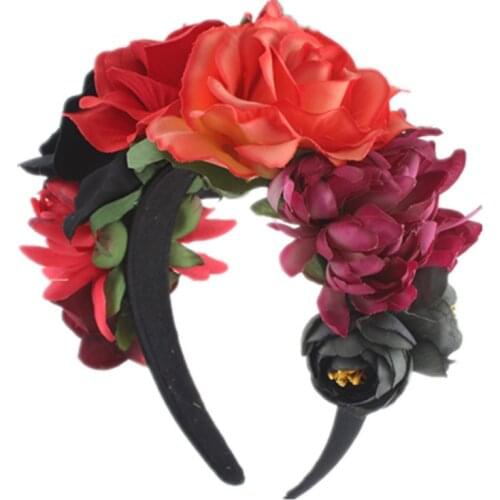 Female Hawaiian Stretch Rose Flower Floral Crown for Garland Party Day of The Dead hairband Costume Rose Mexican Headpieces