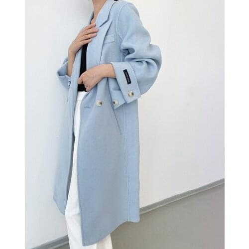 High-end Fashion French Hepburn Style Loose Elegant Water Ripple Mid-length Wool Double Side Cashmere Blend Coat Female Autumn