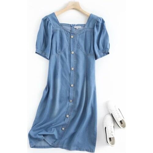 Streetwear denim dress women short sleeve square collar summer jeans dress blue high waist button up knee length dress
