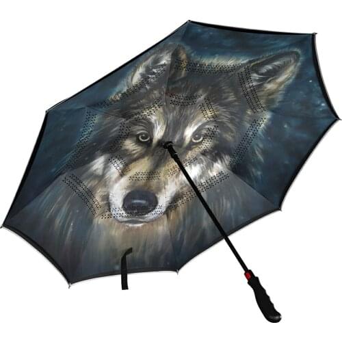 Quality Wolf Print Automatic Reverse Umbrella Windproof Long Handle Double Layer Inverted Self Stand Rain Umbrella Male For Car