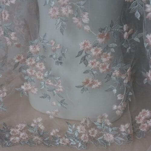 1 Yard 130cm Wide Boutique Embroidery Tulle Mesh Lace Fabric In Pink+Silver For Wedding Dress/Evening Dress Free Shipping