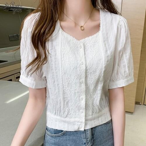 2021 Summer Square Collar Cotton Lace Women Blouse Office Lady Solid Cardigan Shirts for Women White Tops Blusas Mujer 9777