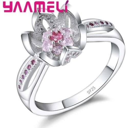 Pure 925 Sterling Silver Sparkling Princess Wedding Rings Zircon Lotus Flower Design Jewelry For Women Engagement Gift