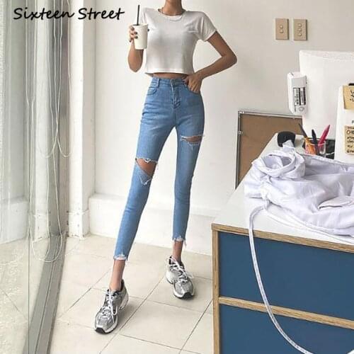Jean Slim Femme Korean New Chic Ripped Jeans for Women High Waisted Stretch Ankle Length Y2K Pants Aesthetic Female Vintage 2020