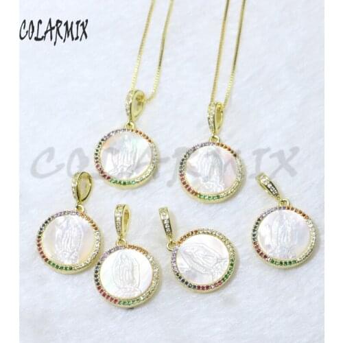 4 Pcs Virgin Maria Pendant colorful zircon medal White Shell pendant necklace blessing jewelry Wholesale jewelry gift for lady