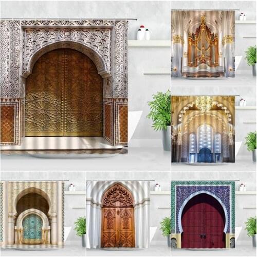 Morocco Retro Door Shower Curtains Golden Old Building Arch Modern Waterproof Polyester Fabric Home Decor Bathroom Curtain Sets