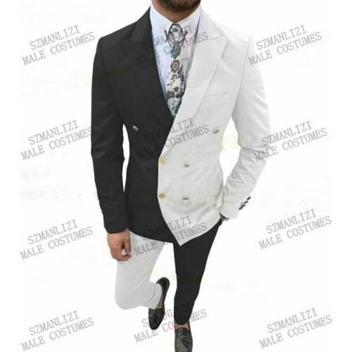 Fashion Black And White Double Breasted Slim Fit Men Groom Wedding Suits Terno Masculino Peak Lapel Tuxedo Blazer Costume Homme