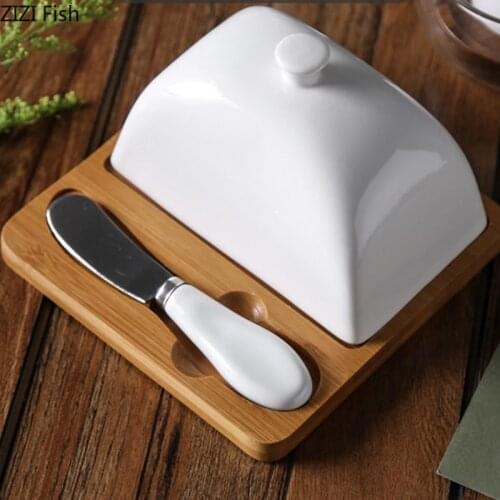 Nordic Butter Sealed Box White Ceramic Butter Dish with Lid and Knife Cheese Storage Tray Dessert Tray Home Kitchen Tableware