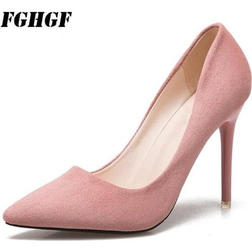 New pink shoes heel pointed professional ol work shoes womens shoes lighter joker suede and comfortable shoes size 34-40