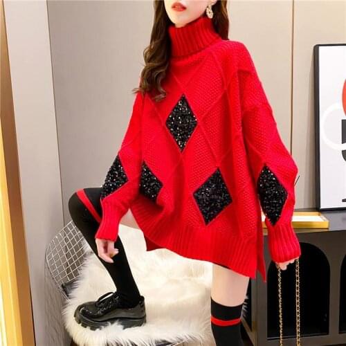 New style Plush loose and thickened high neck one size sweater womens Pullover retro diamond thread garment port style top