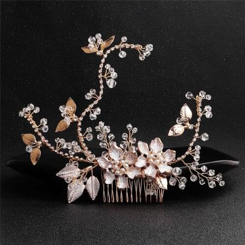 OKILY Vintage Accessories Hand Bridal Headdress Alloy Flower Branch Wedding Hair Comb for Bride Party Banquet Hair Ornament