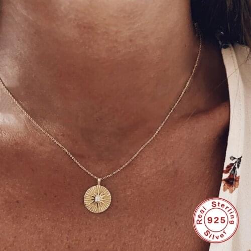 AIDE Vintage Round Coin Pendant Necklace for Women Retro INS Anise Star Carved Clavicle Chain Silver 925 Jewelry Gift collares