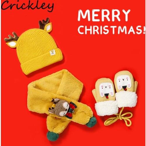 Cute Cartton Animals Kids Scarf Hat Gloves Sets Winter Warm Baby Boys Girls Caps Bear Deer Windproof Toddler Children Hat