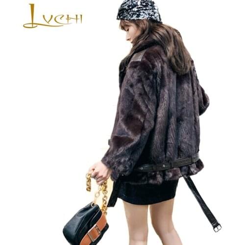 LVCHI 2019 Winter Mink Fur Real Fur Coats Women Full Sleeve Turn-Down Collar Short Slim With Sashes Motor Style Mink Fur Coats