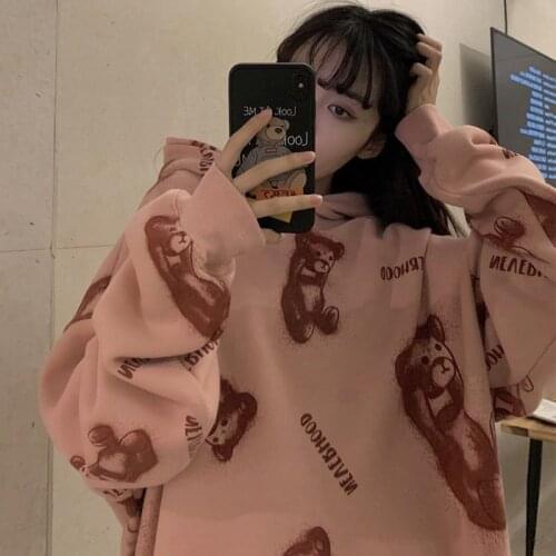 Cartoon Bear Print Hoodie Women 2021 Fall Winter Warm Thicken Oversized Sweatshirt Chic Streetwear Loose All-match Hooded Tops