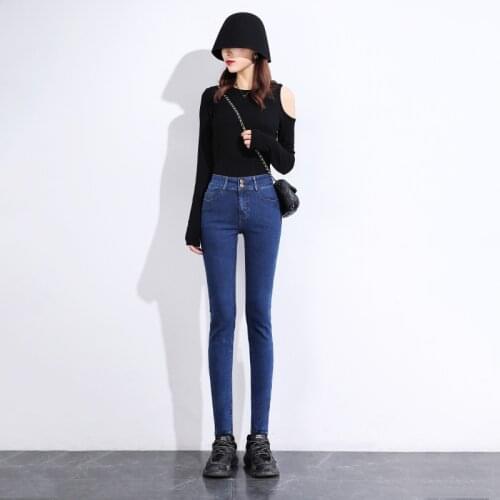 High waist jeans womens new black stretch slim legged pants in autumn and winter 2021