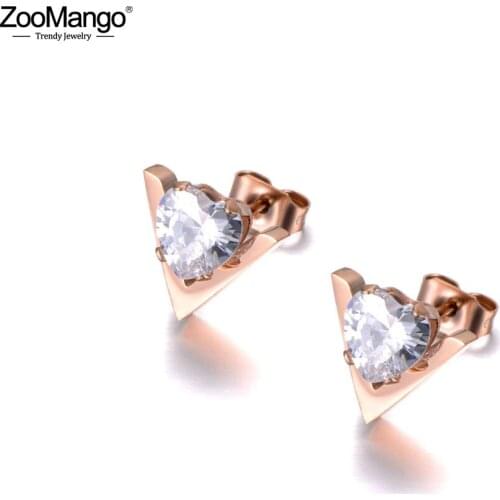 ZooMango Trendy Heart Shape Clear CZ Crystal Stud Earrings Jewelry Rose Gold Stainless Steel Earrings For Women Girls ZE19149