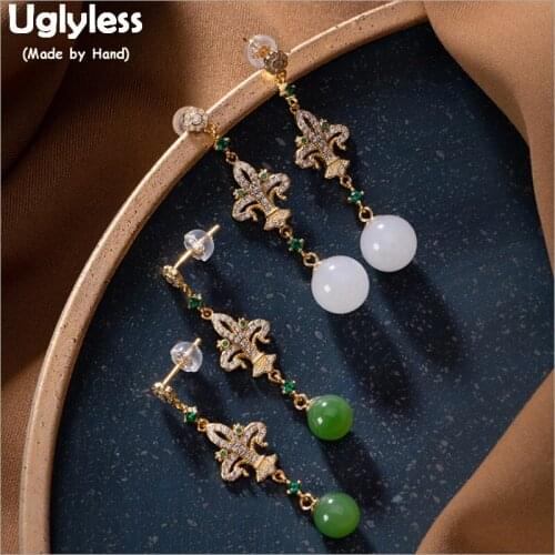 Uglyless Crystals Crown Earrings for Women Luxury Party Dress Earrings Gold Plate Real 925 Silver Floral Brincos Jade Ball E1395