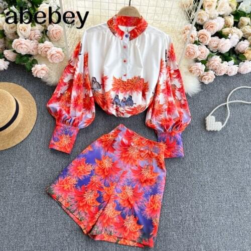 Women Spring Fashion Retro Print Suits Lantern Sleeve Loose Casual Tops+High Waist Wide Leg Short Pants Two Piece Set