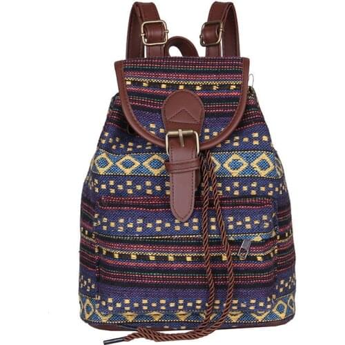 Ethnic style ladies backpack, casual drawstring bucket bag, fashion small backpack, thick canvas