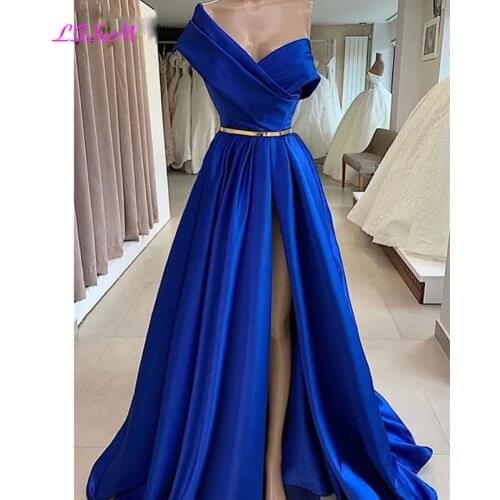 Elegant One Shoulder Royal Blue Prom Dresses Long Robe De Soiree A-Line Satin Sexy High Slit Formal Evening Dress Party Gowns