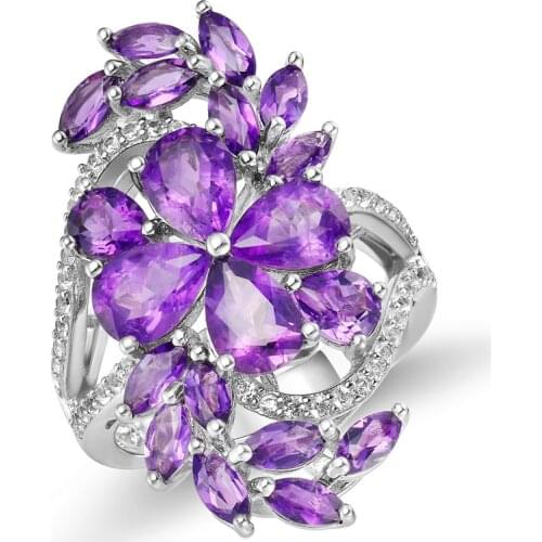 GZ ZONGFA Fashion Style Flower Type Natural Amethyst Gem Women Fine Jewelry 925 Sterling Silver Ring