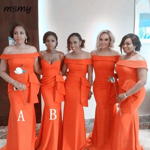Fashion Orange Mermaid Bridesmaid Dresses 2019 Ruffles Long Boat Neck Maid Of Honor Dress Prom For Women Gowns