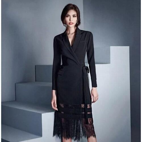 Spring High Quality Lace Up Blazer Patchwork Lace Dress Women Fashion Long Sleeve Hollow Out Empire Mid Dresses