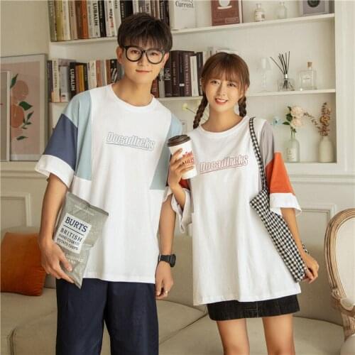2021 Preppy Patchwork Color Shoulder Half Sleeve T-Shirt Couples Japanese Short Sleeve Top couples clothes couples clothing