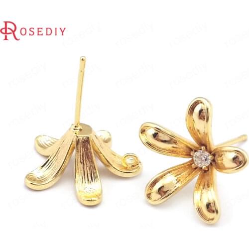 39648)4PCS 24K Gold Color Brass and Zircon Flower Stud Earrings Pins Earrings Jewelry Making Supplies Diy Findings Accessories