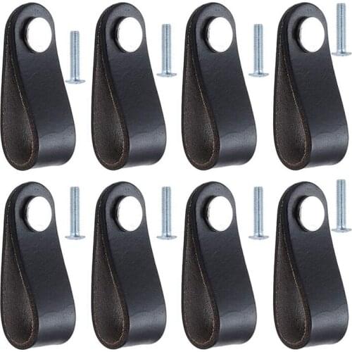 8 Pieces Cabinet Handle Leather Drawer Pull Door Knob with Screw for Wardrobe Closet Drawer Cabinet (Black)