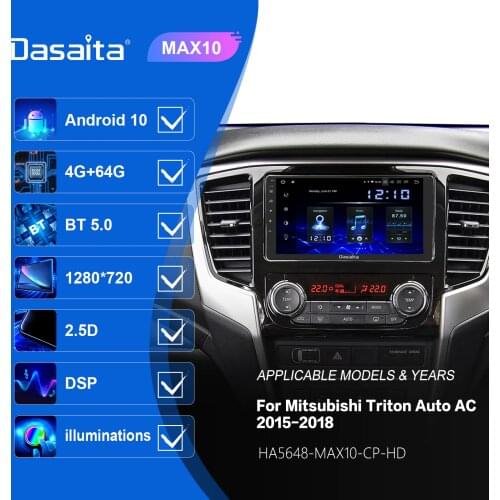 Dasaita 9" Android 10.0 Car Radio 1 Din HD Split Screen BT 5.0 DSP Autoradio for Mitsubishi Triton 2015-2018 Manual AC Black UV