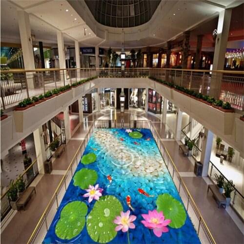 Beibehang HD Lotus Fish Pond 3D Floor Painting Custom Nonwovens Waterproof Decorative Living Room Bathroom Flooring