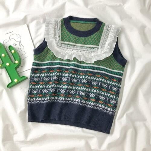 Preppy Style Vintage Sweater Vest Autumn Winter Sleeveless Waistcoat Pullover Women O-Neck Ruffle Retro Loose Vests Female