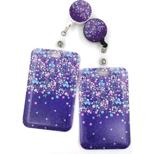 Purple Flowers Cartoon Cute Credit Card Holder Lanyard Women Men Kid Student Retractable Badge Reel ID Name Bus Clips Card Badge
