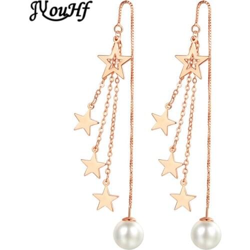 JYouHF Fashion Tassel Earrings for Women Korean Style White Rose Gold Color Star Pearl Charm Long Chain Earrings Jewelry Female