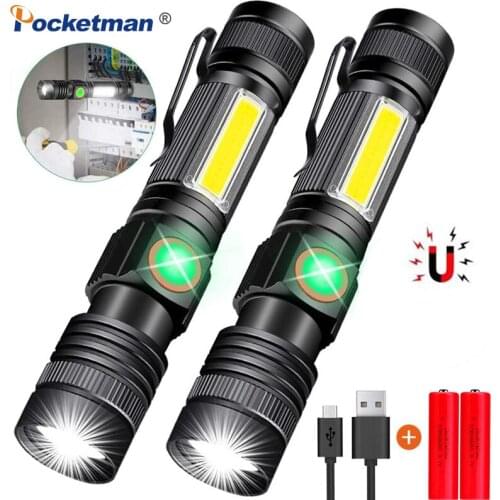 40000LM Flashlight Magnetic Super Bright LED Torch USB Rechargeable with COB Sidelight a pocket clip Zoomable Camping Lighting