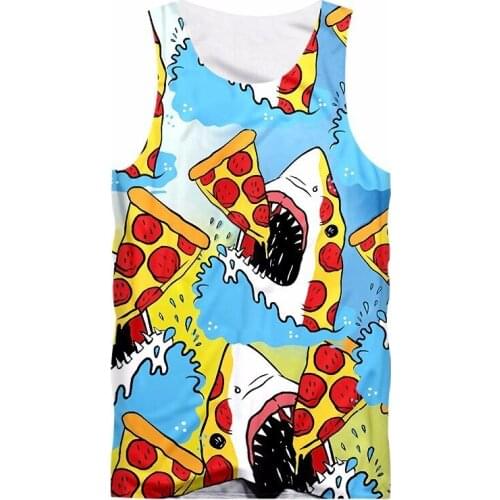 Unisex Hiphop Bodybuilding Jerseys Fitness Sleeveless Shirts Vest For Women/mens Funny Print Shark Eat Pizza 3D Tank Tops