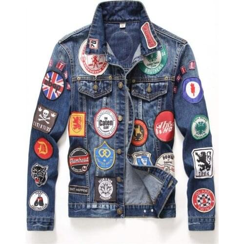 Mens floral embroidered black jacket long sleeve slim denim coat short design embroidered jacket